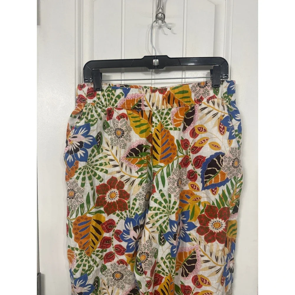 C&C California Womens Large 100% Linen Wide Leg Tropical Floral Pants MultiColor